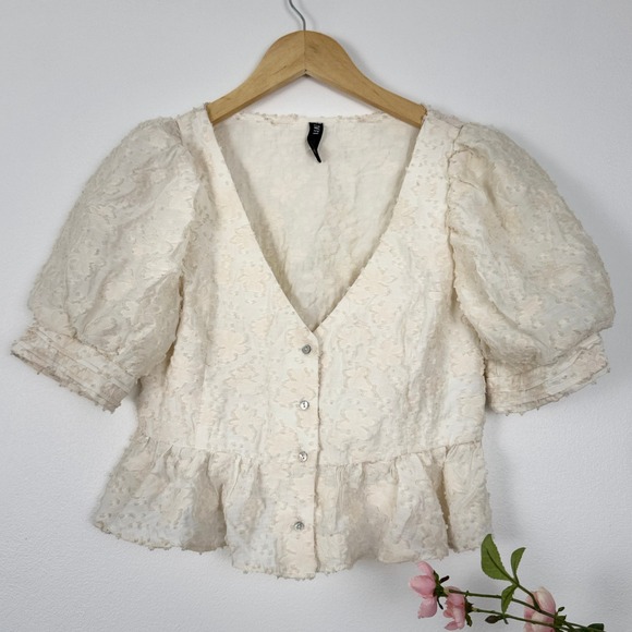 Zara‎ Floral Texture Peplum Top Womens Size S Puff Sleeve Blouse Cream - Picture 2 of 16
